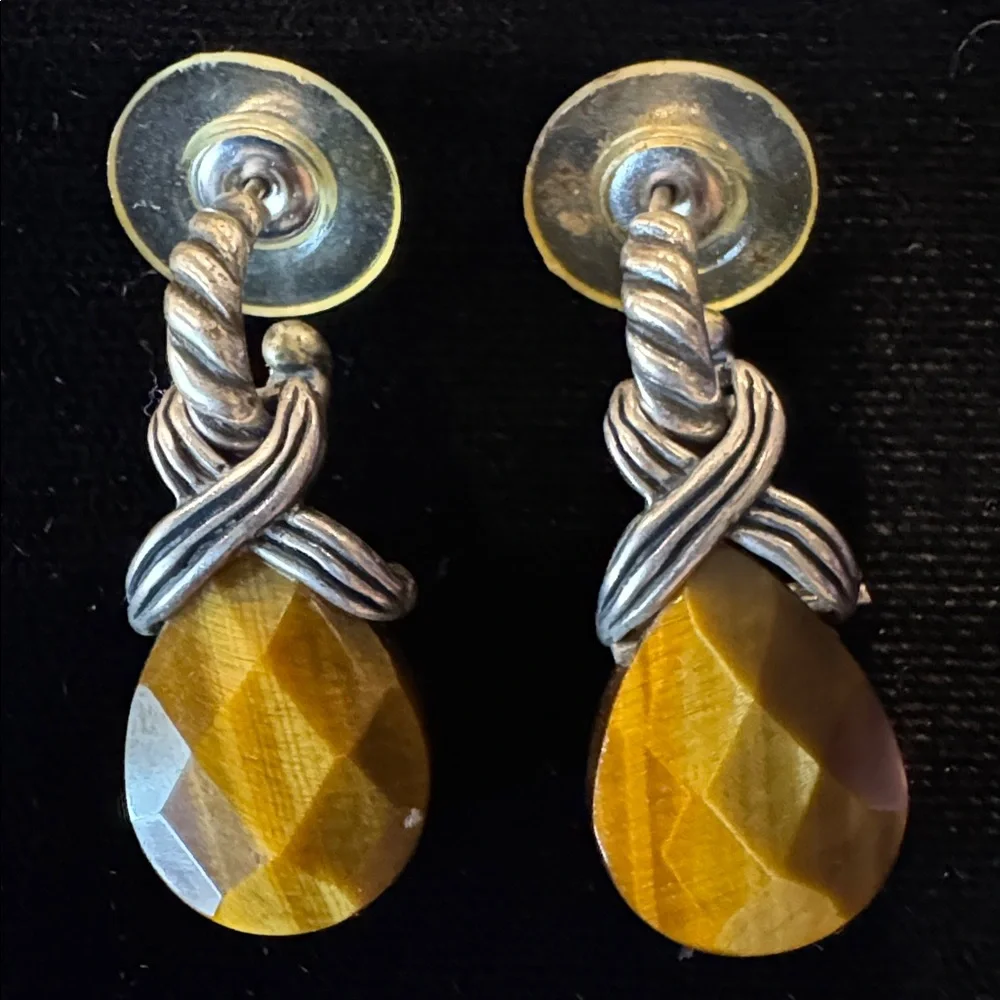 Sterling Silver and Tiger Eye Dangle Pierced Earrings Marked 925 - Picture 1 of 3